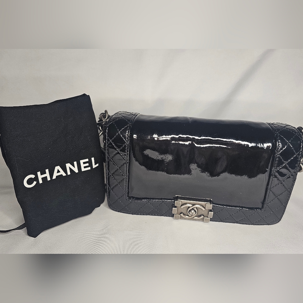 Authentic Chanel Boy Bag Black Patent/Quilted Leather With Entrupy COA